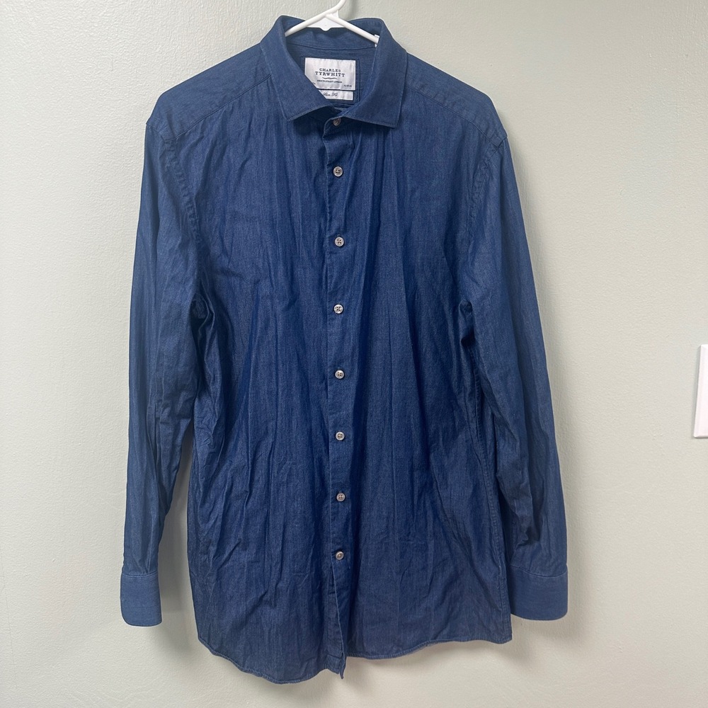 Charles Tyrwhitt Mens Slim Fit Denim Shirt Blue Cotton 16.5 35 Long Sleeve